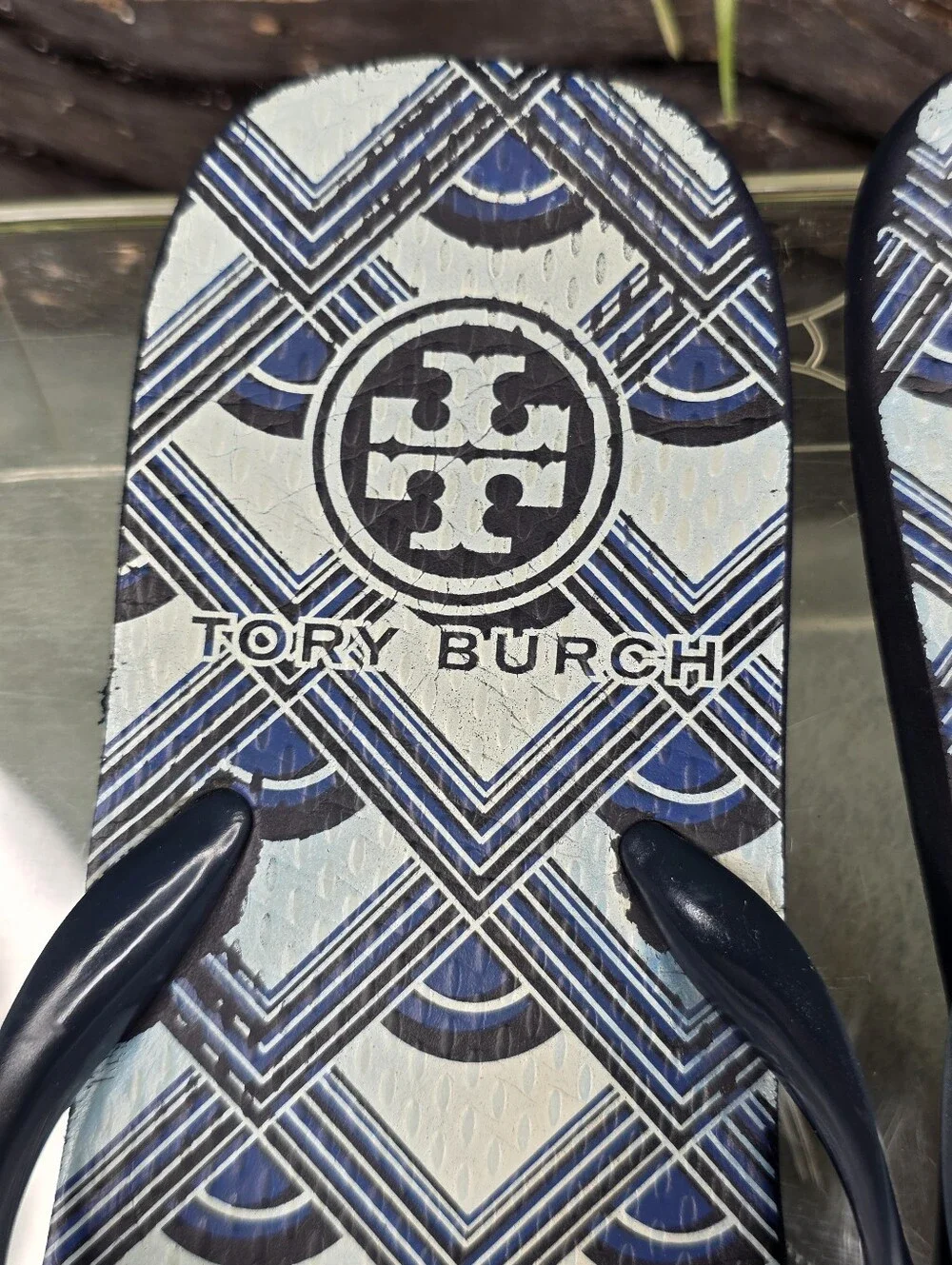 Tory Burch Blue & White Geometric Logo Print Flip Flop Sandals w/ Gold Medallion